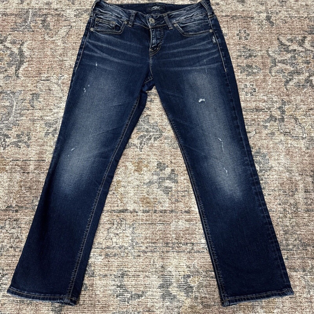 Silver Jeans Suki Mid Slim Straight Women's 28 x‎ 22 1/2 Distressed Blue Denim